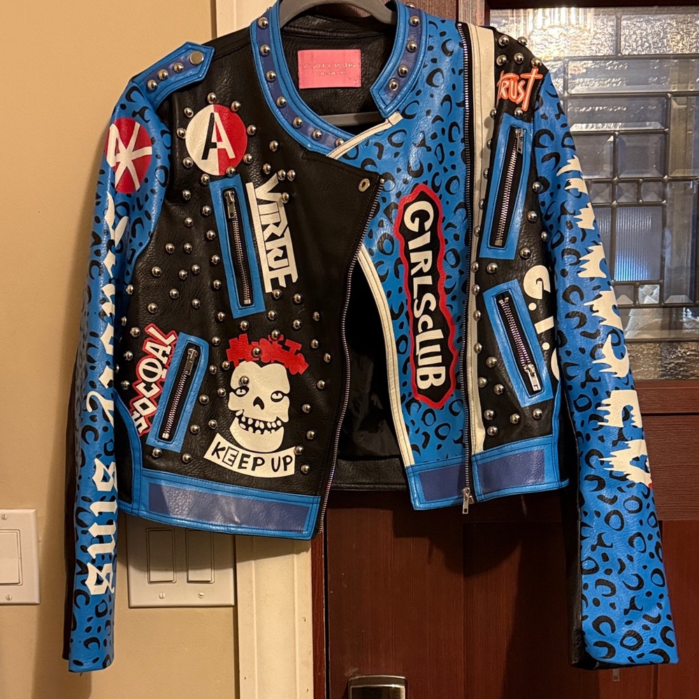 Women's Black and Blue studded Faux Leather Jacket - Picture 3 of 3